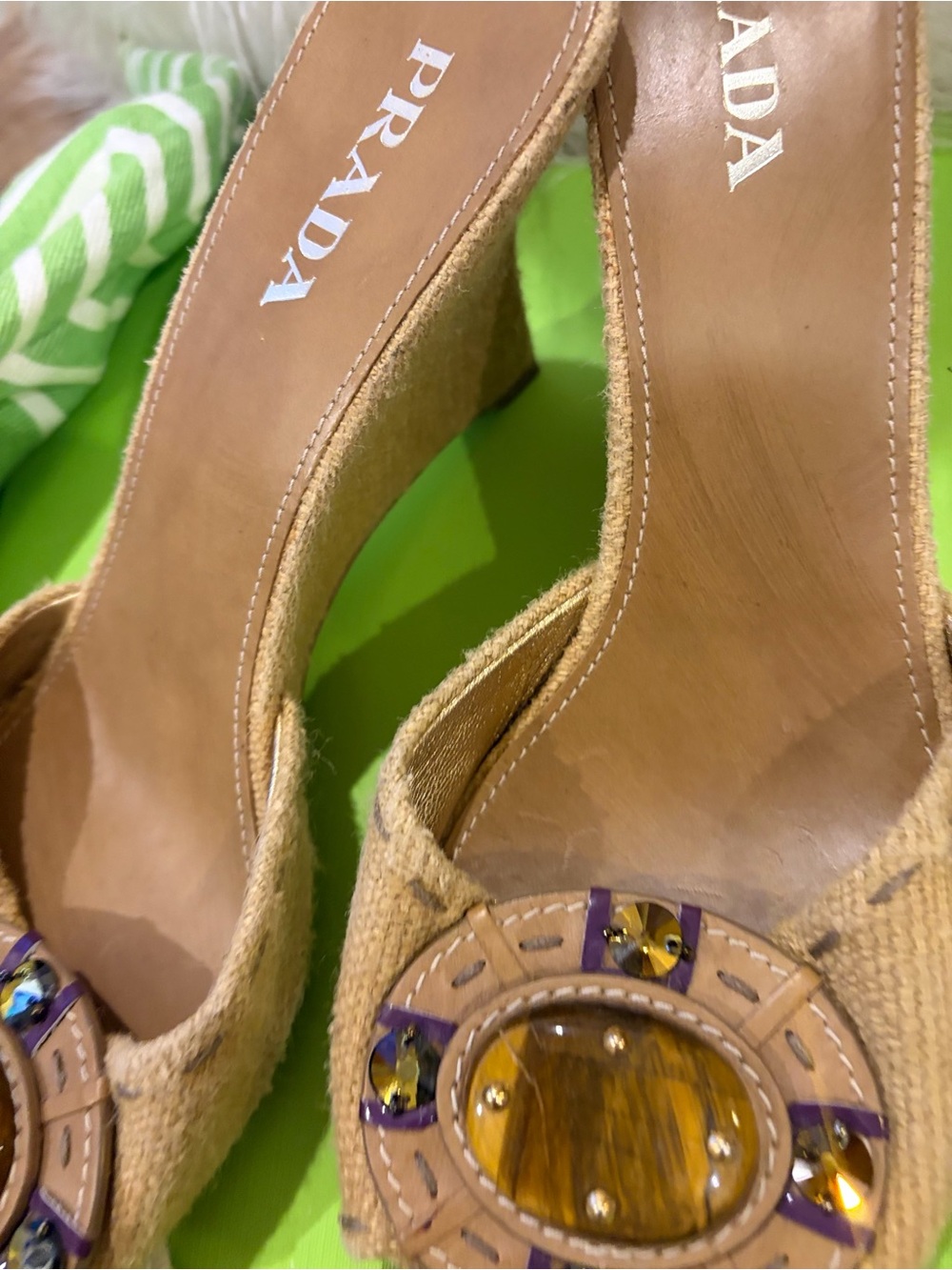 Prada Beige Tan Slide Mules with Amber & Purple Jewel Detail - Picture 5 of 8